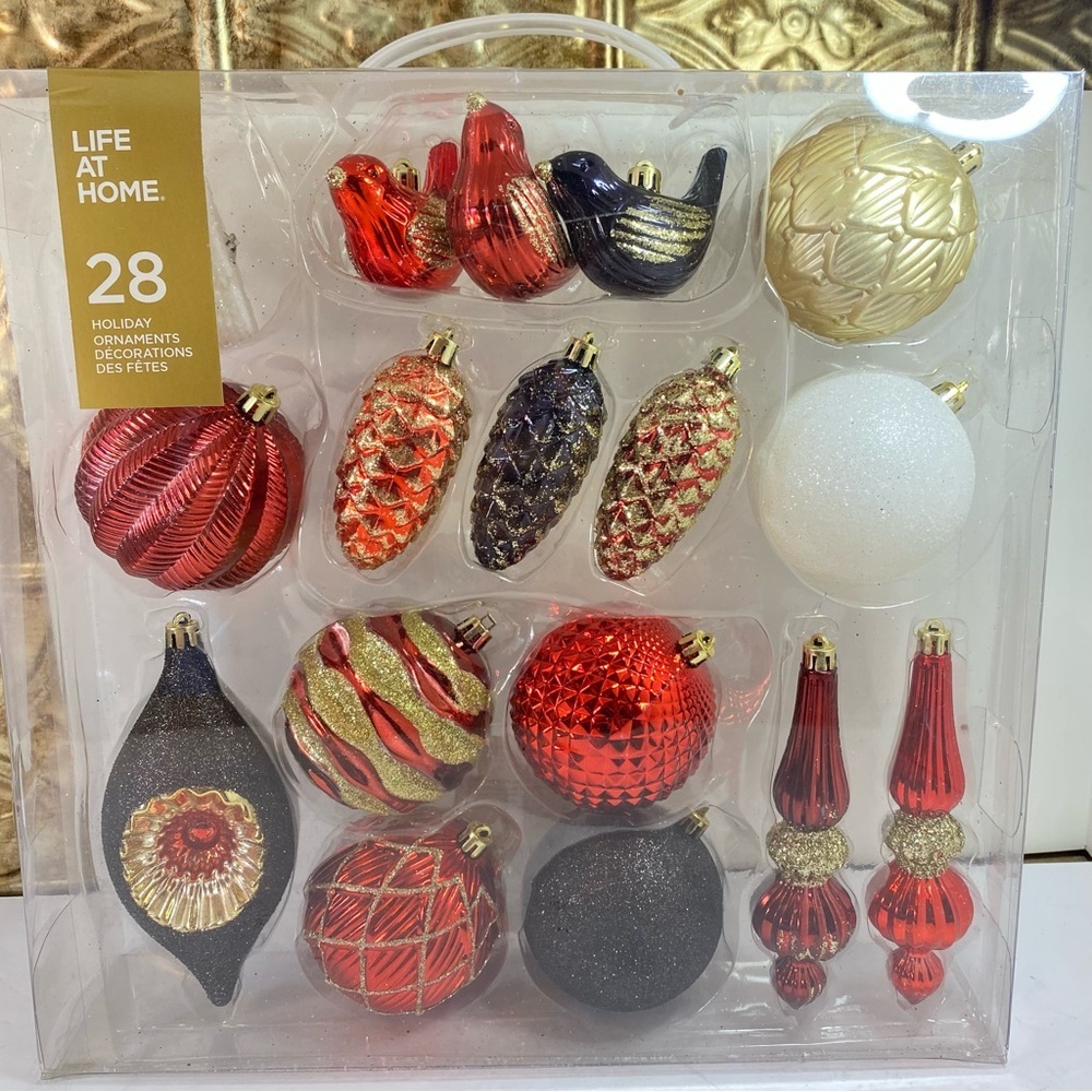 28-piece set of "Life at Home" holiday ornaments 
Red, Gold, Black